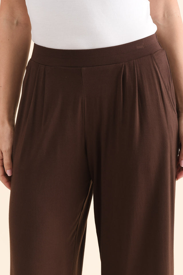 Rhodes Chocolate Bamboo Wide Leg Pants,Detail,Brunette model,alt text|model:MJ image 5