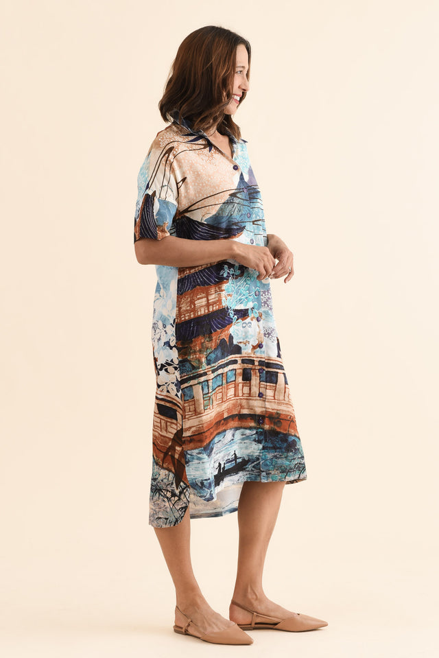 Rhonda Beige Vista Shirt Dress,Side,Brunette model,alt text|model:Cara image 3