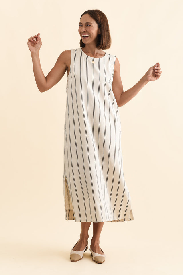 Riley Cream Stripe Linen Blend Dress,Brunette model,alt text|model:Cara image 7