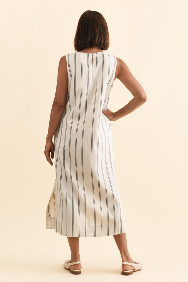 Riley Cream Stripe Linen Blend Dress,Brunette model,alt text|model:Cara image 5