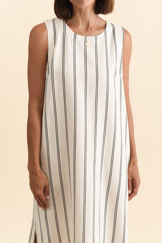 Riley Cream Stripe Linen Blend Dress,Brunette model,alt text|model:Cara image 6