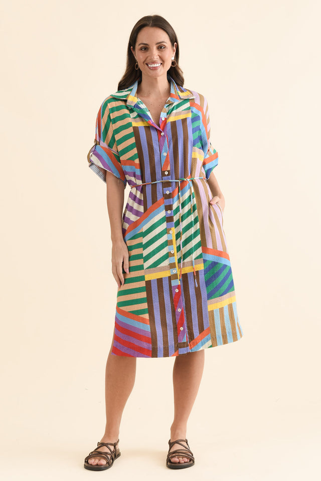 Robin Pink Stripe Cotton Shirt Dress,Full Body,Brunette model,alt text|model:MJ
