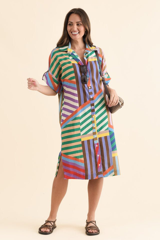 Robin Pink Stripe Cotton Shirt Dress,Front,Brunette model,alt text|model:MJ