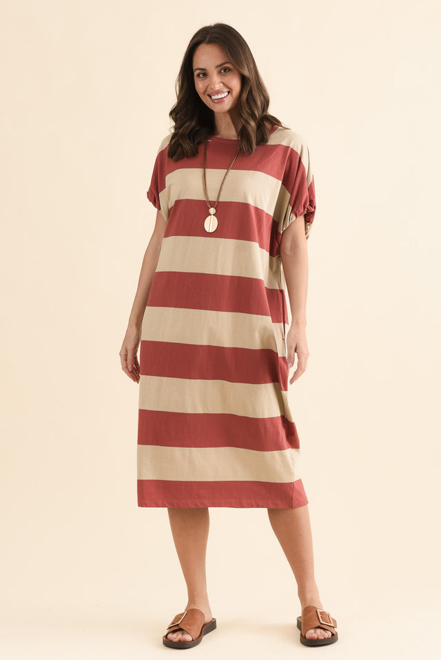 Rocco Coral Stripe Cotton Pocket Dress,Full Body,Brunette model,alt text|model:MJ image 6