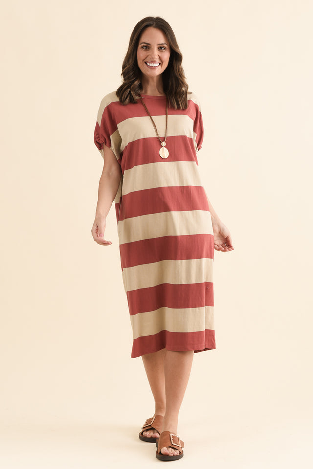 Rocco Coral Stripe Cotton Pocket Dress,Full Body,Brunette model,alt text|model:MJ image 2