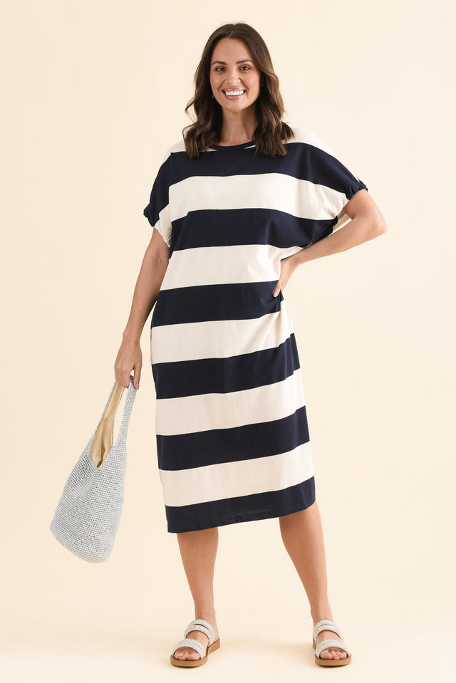 Rocco Navy Stripe Cotton Pocket Dress,Front,Brunette model,alt text|model:MJ