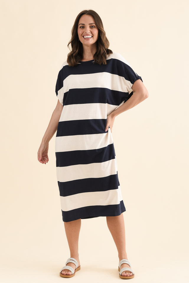 Rocco Navy Stripe Cotton Pocket Dress,Full Body,Brunette model,alt text|model:MJ image 2