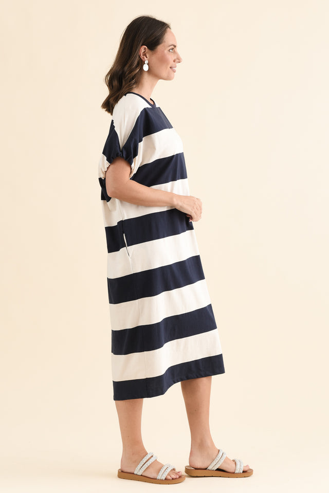 Rocco Navy Stripe Cotton Pocket Dress,Side,Brunette model,alt text|model:MJ image 3