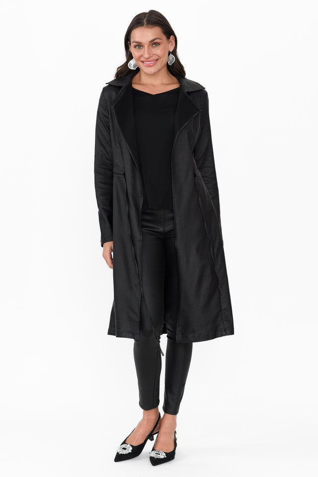 Rois Black Faux Leather Trench Coat print_Plain length_Long sleeve_Long hem_Straight sleevetype_Straight colour_Black COATS & JACKETS  alt text|model:Brontie;wearing:S image 1