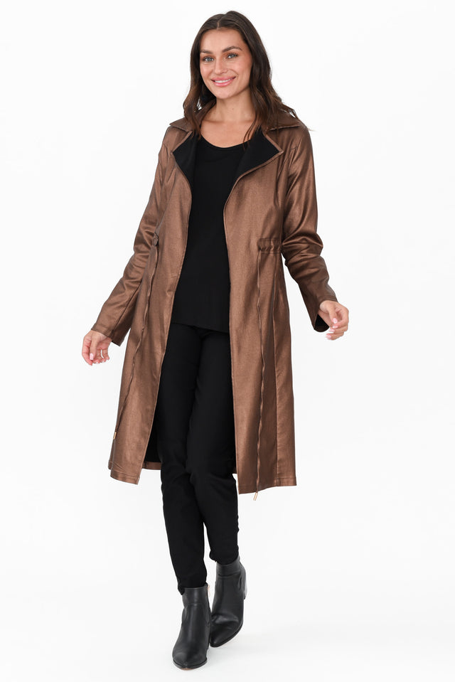 Rois Bronze Faux Leather Trench Coat print_Plain length_Long sleeve_Long hem_Straight sleevetype_Straight colour_Brown COATS & JACKETS  alt text|model:Brontie;wearing:S