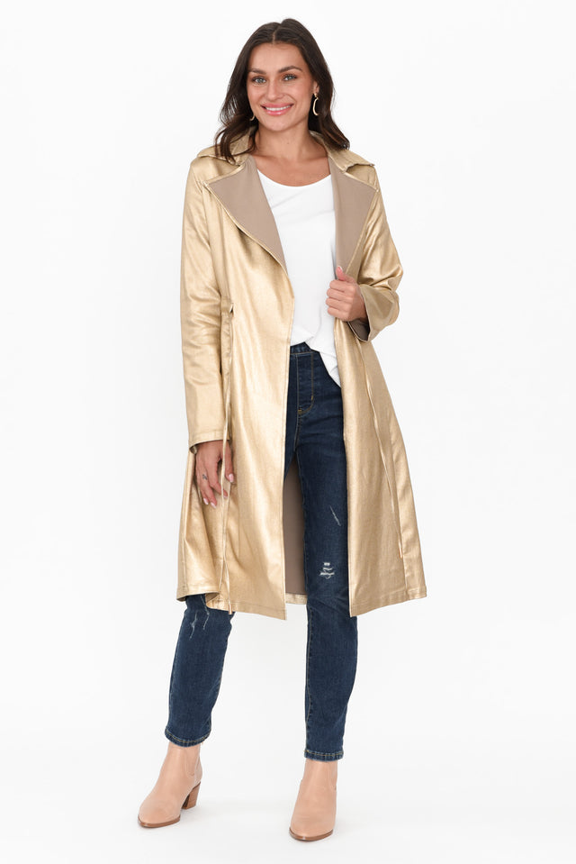 Rois Gold Faux Leather Trench Coat print_Plain length_Long sleeve_Long hem_Straight sleevetype_Straight colour_Gold COATS & JACKETS  alt text|model:Brontie;wearing:S