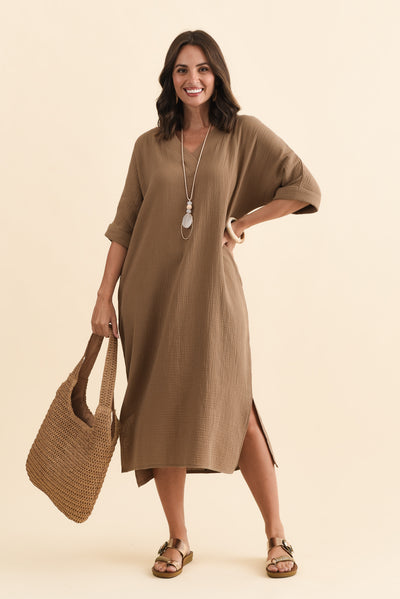 Roma Mocha Cotton Cheesecloth Dress