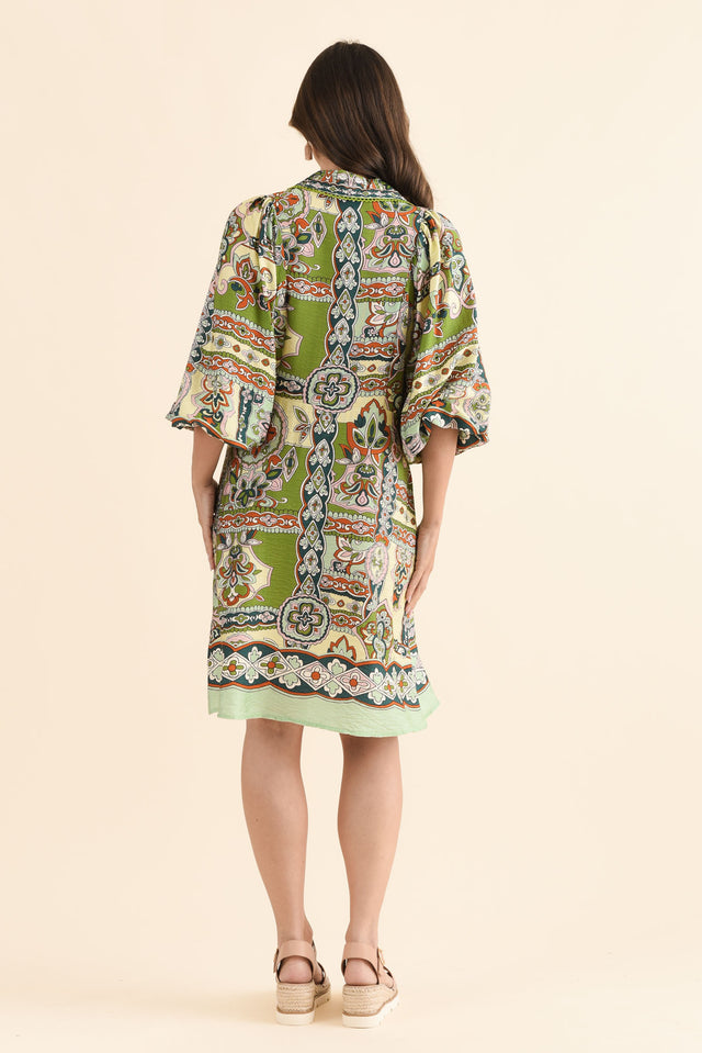 Romeo Green Mosaic Tie Dress,Back,Brunette model,alt text|model:MJ image 4