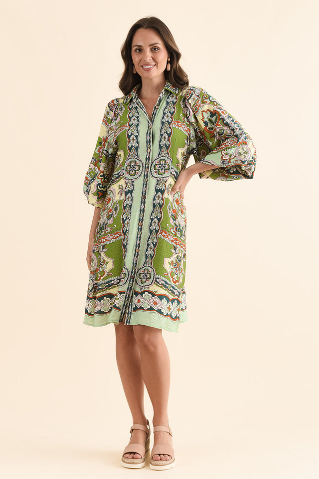Romeo Green Mosaic Tie Dress,Full Body,Brunette model,alt text|model:MJ image 6