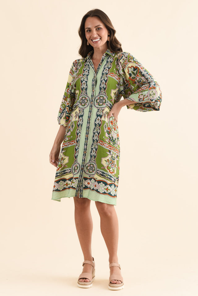 Romeo Green Mosaic Tie Dress,Full Body,Brunette model,alt text|model:MJ image 2