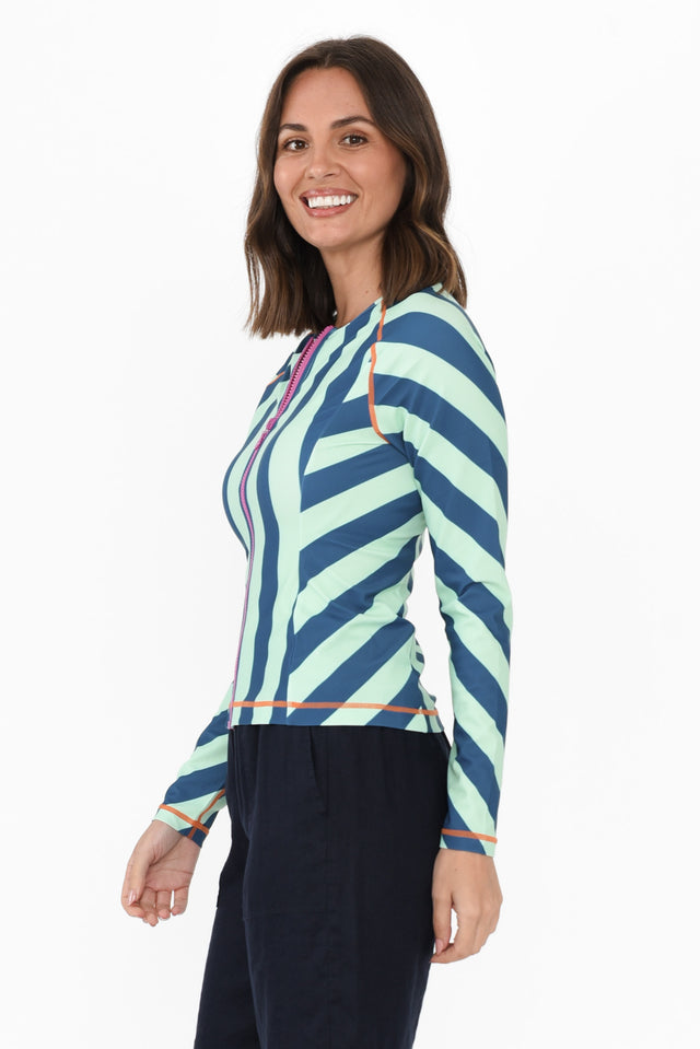 Rosa Blue Stripe Zip Rash Vest,Brunette model,alt text|model:MJ image 4