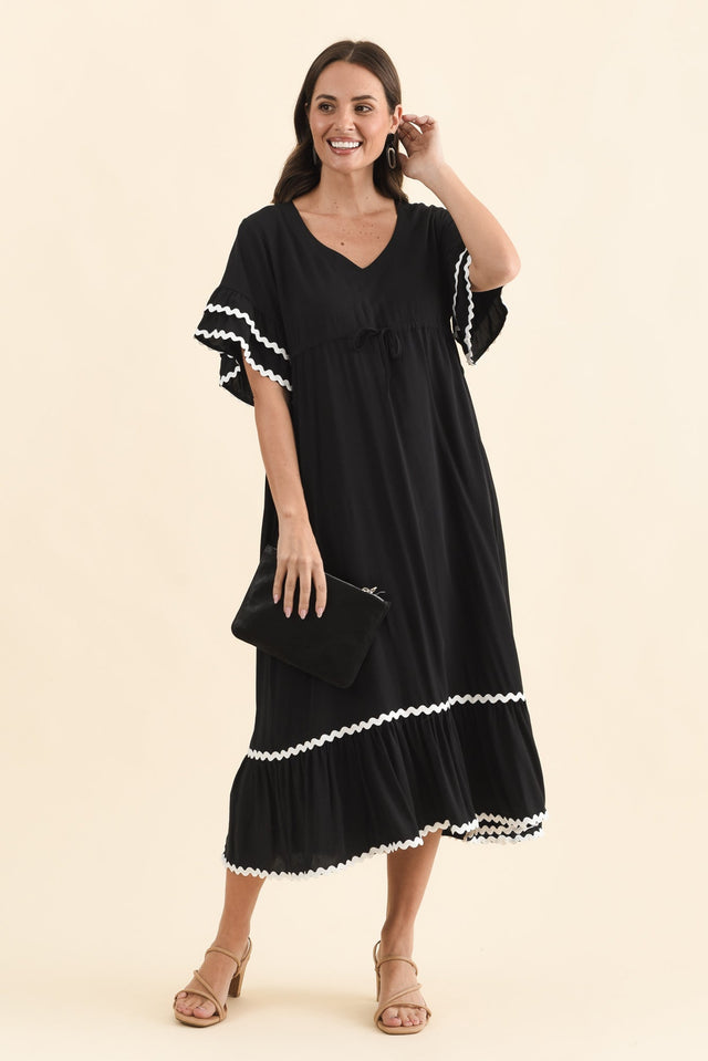 Rosemarie Black Frill Dress,Brunette model,alt text|model:MJ