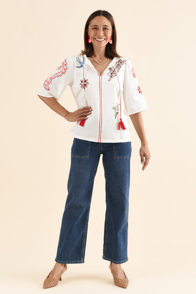 Rosetta White Garden Cotton Embroidered Top,Full Body,Brunette model,alt text|model:Cara image 6