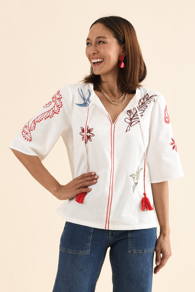 Rosetta White Garden Cotton Embroidered Top,Front,Brunette model,alt text|model:Cara image 1