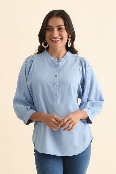 Rowan Blue Lyocell Puff Sleeve Shirt