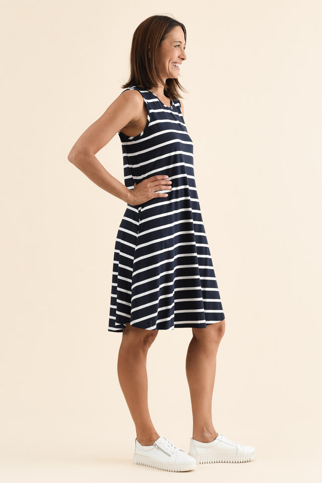 Roxanne Indigo Stripe Swing Dress,Side,Brunette model,alt text|model:Cara image 4