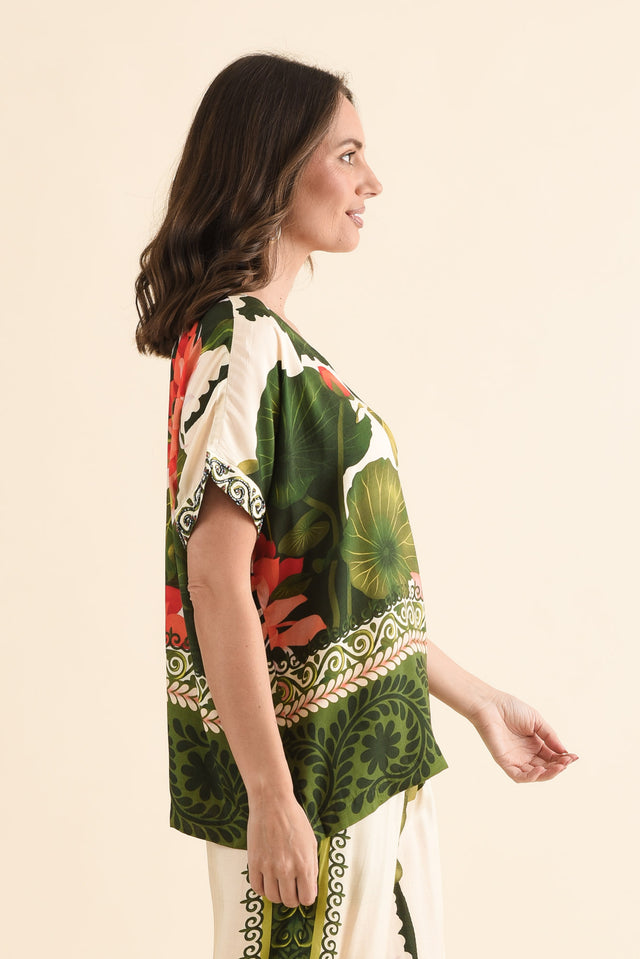 Roza Green Flower Half Sleeve Top,Side,Brunette model,alt text|model:MJ image 3