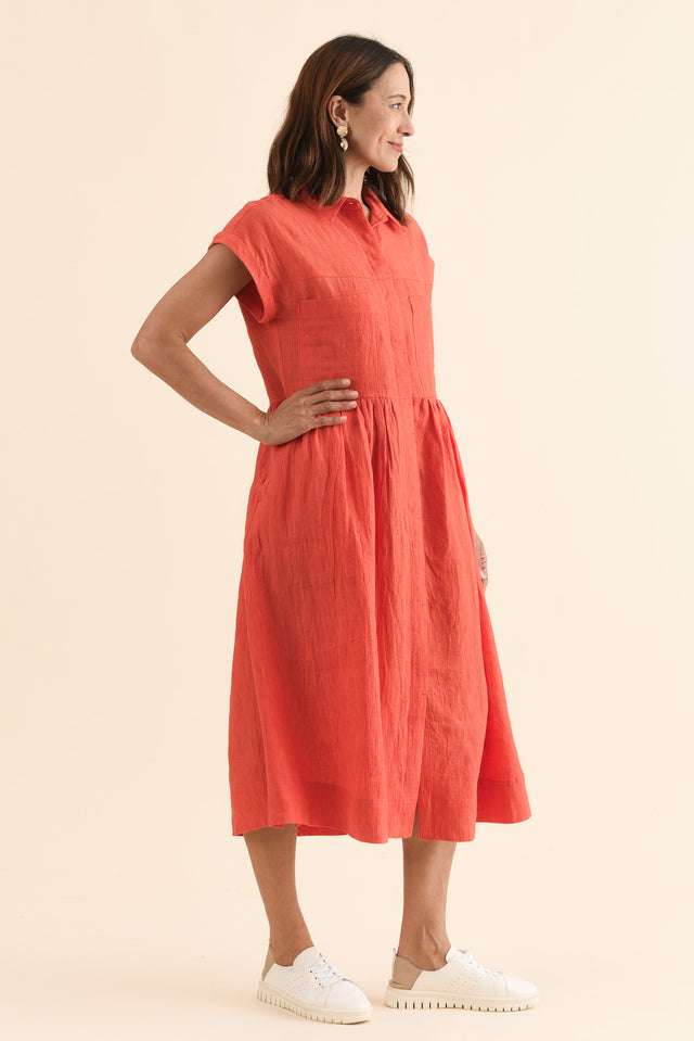 Ruben Orange Stripe Linen Shirt Dress,Side,Brunette model,alt text|model:Cara image 3