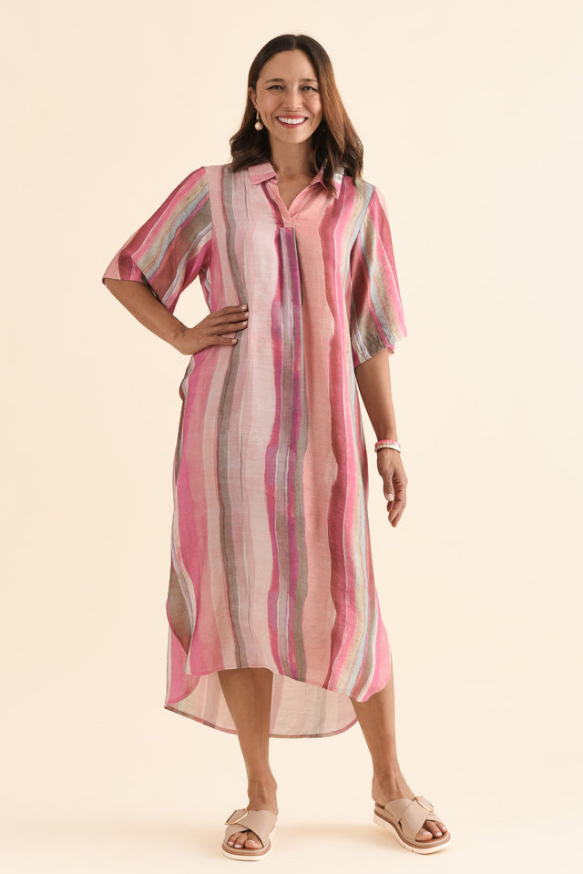 Ruby Pink Stripe Collared Dress,Full Body,Brunette model,alt text|model:Cara image 2