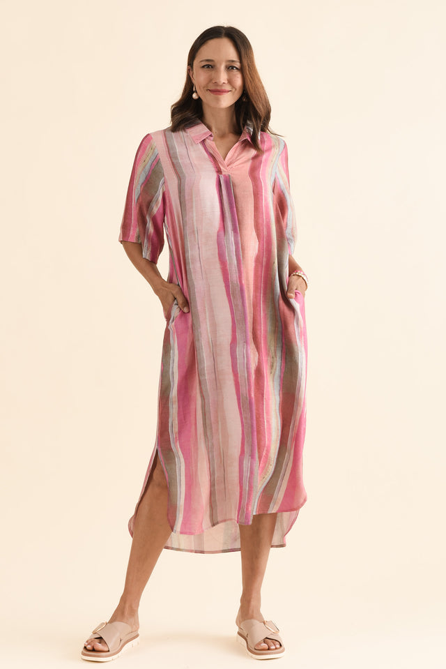 Ruby Pink Stripe Collared Dress,Front,Brunette model,alt text|model:Cara image 1