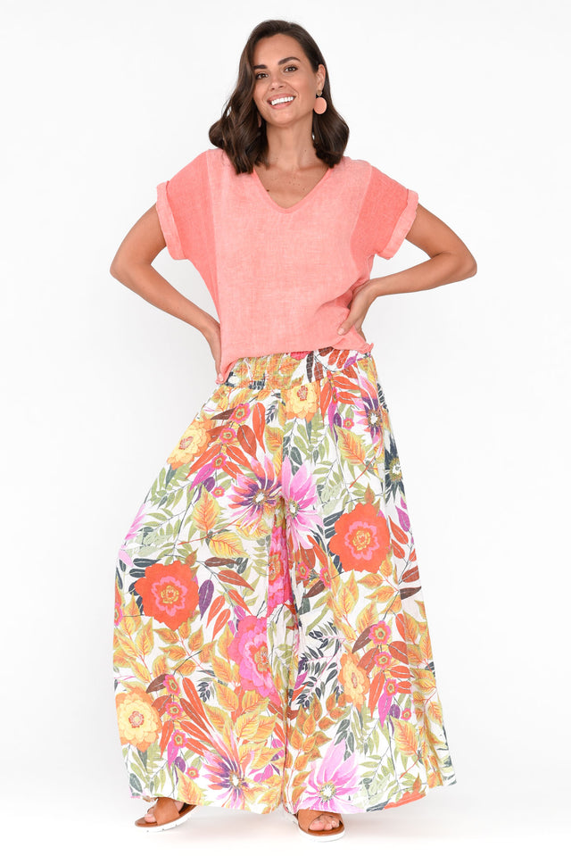 Rumi White Bloom Wide Leg Linen Pants