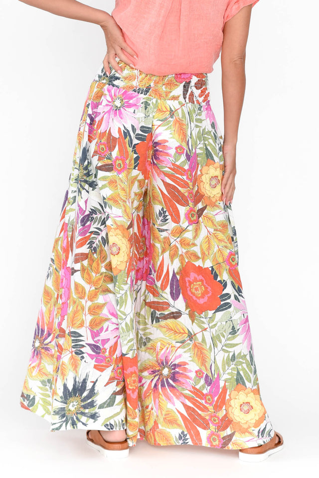 Rumi White Bloom Wide Leg Linen Pants