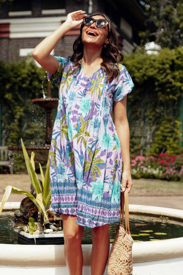 Sabina Purple Palm Crinkle Cotton Dress,Lifestyle image 1