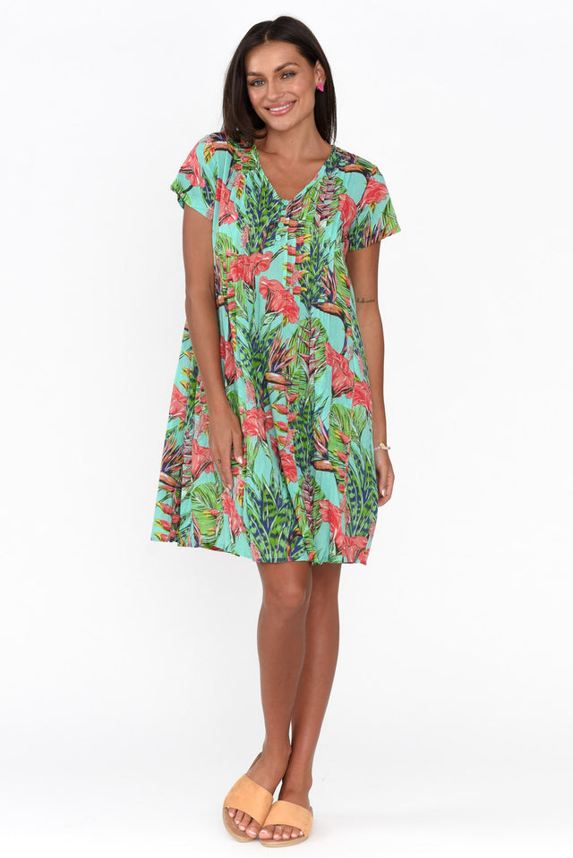 Sabina Aqua Garden Crinkle Cotton Dress