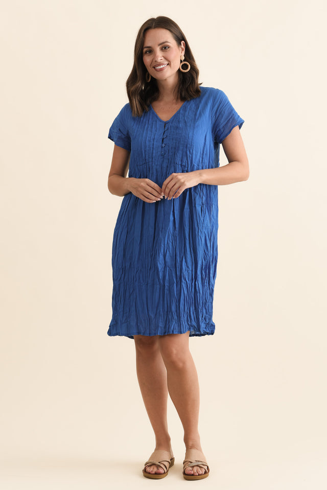 Sabina Blue Crinkle Cotton Dress,Brunette model,alt text|model:MJ image 9