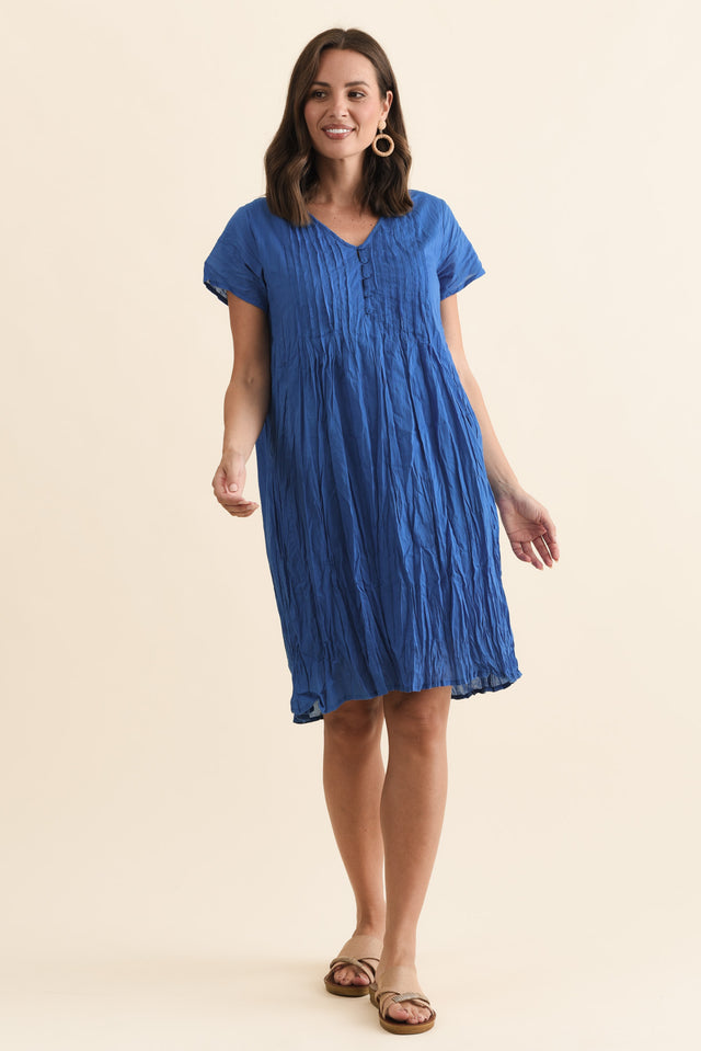 Sabina Blue Crinkle Cotton Dress,Brunette model,alt text|model:MJ image 5