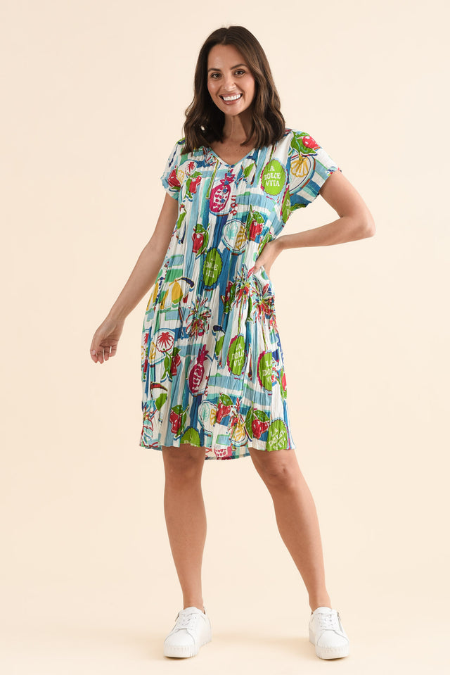 Sabina Blue Tropicana Crinkle Cotton Dress,Full Body,Brunette model,alt text|model:MJ image 6