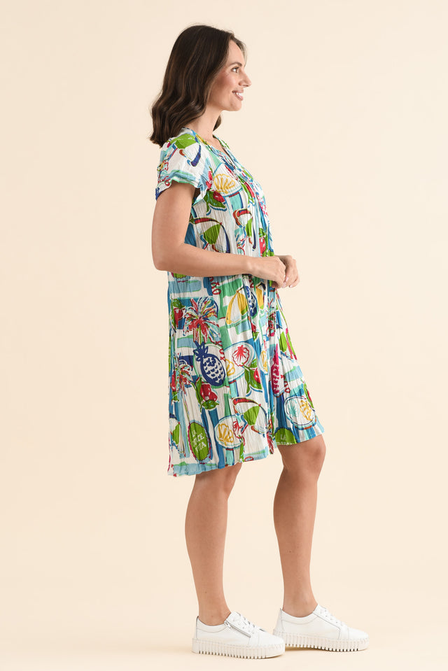 Sabina Blue Tropicana Crinkle Cotton Dress,Side,Brunette model,alt text|model:MJ image 3