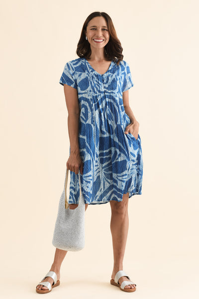 Sabina Cobalt Abstract Crinkle Cotton Dress