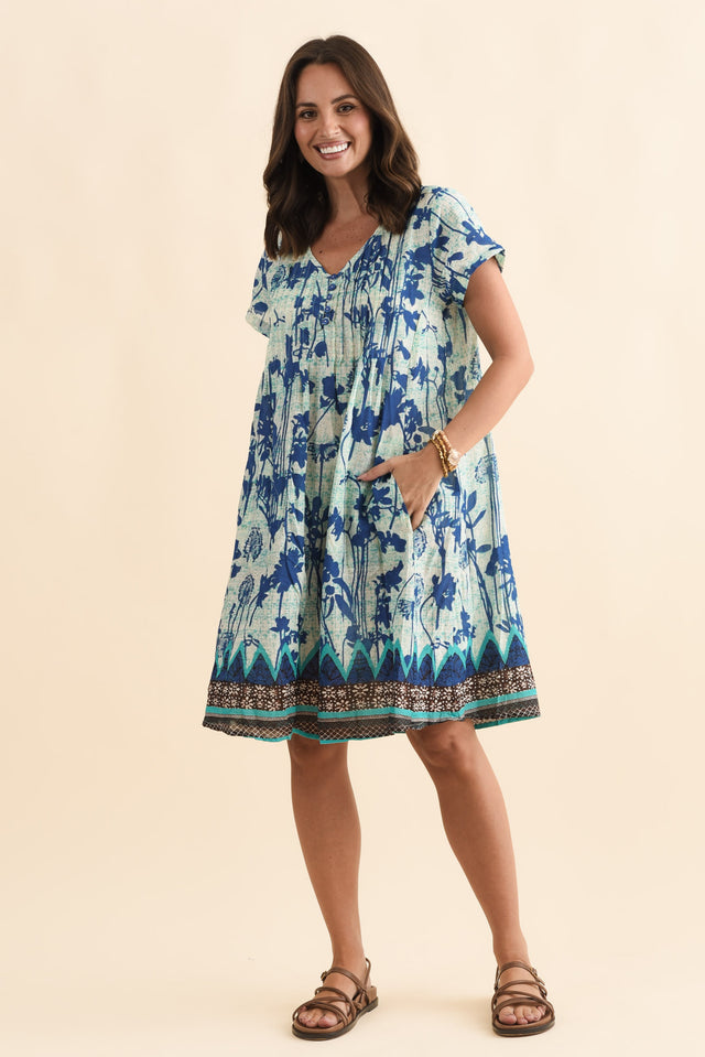 Sabina Cobalt Dandelion Crinkle Cotton Dress,Brunette model,alt text|model:MJ image 3