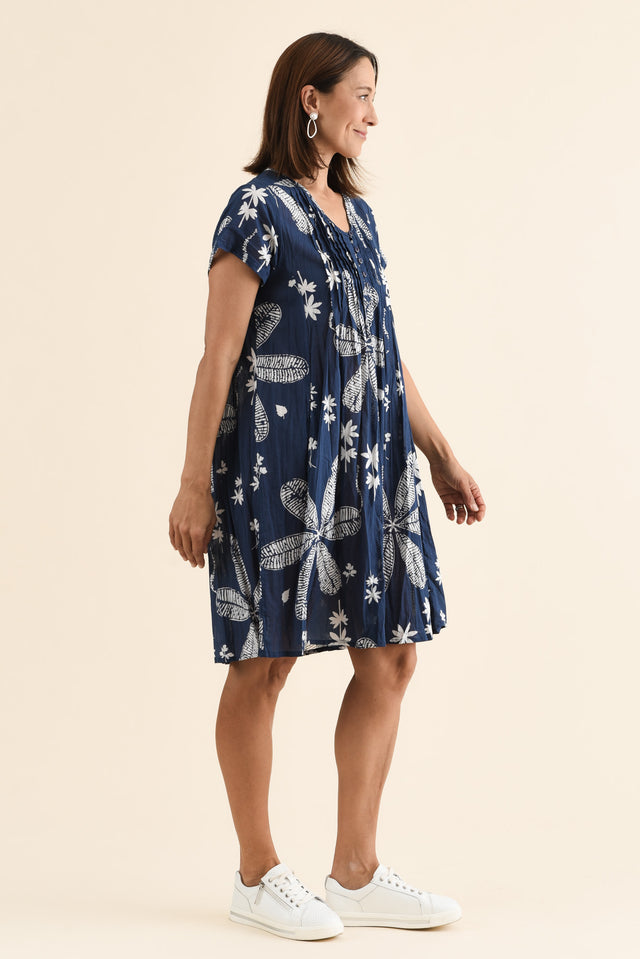 Sabina Navy Flower Crinkle Cotton Dress,Side,Brunette model,alt text|model:Cara image 3