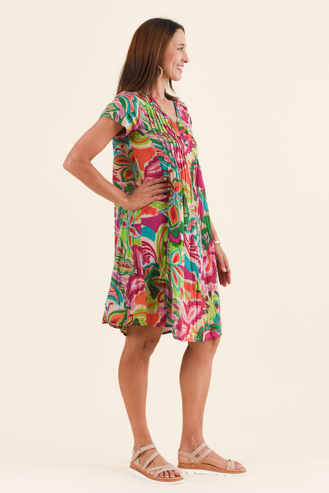 Sabina Fuchsia Botanical Crinkle Cotton Dress,Side,Brunette model,alt text|model:Cara image 3