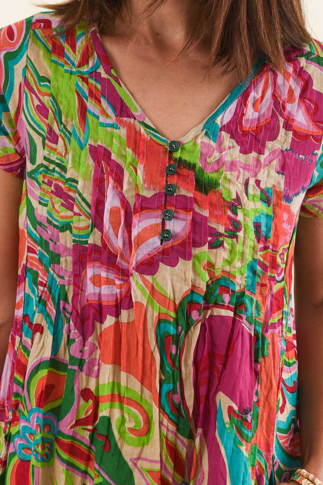 Sabina Fuchsia Botanical Crinkle Cotton Dress,Detail,Brunette model,alt text|model:Cara image 5