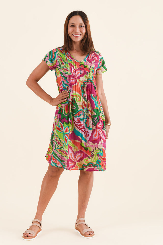 Sabina Fuchsia Botanical Crinkle Cotton Dress,Front,Brunette model,alt text|model:Cara image 1