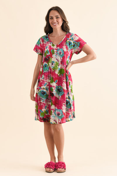 Sabina Fuchsia Flower Crinkle Cotton Dress