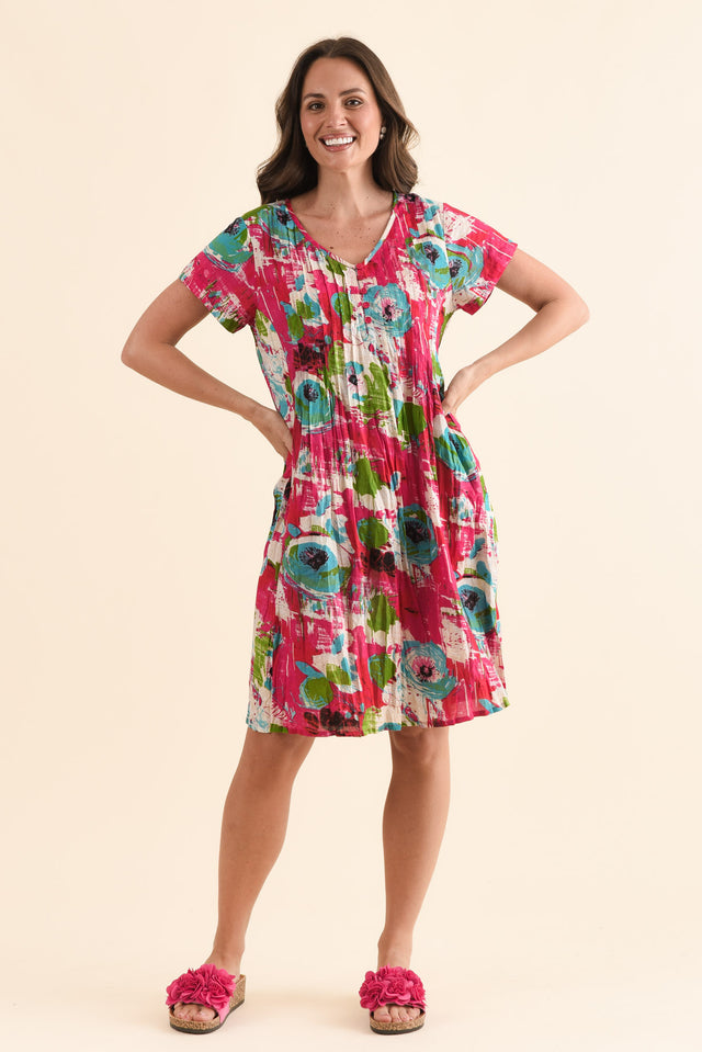 Sabina Fuchsia Flower Crinkle Cotton Dress,Full Body,Brunette model,alt text|model:MJ image 2