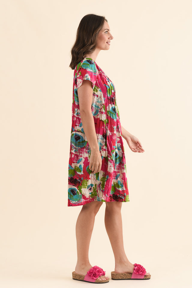 Sabina Fuchsia Flower Crinkle Cotton Dress,Side,Brunette model,alt text|model:MJ image 3