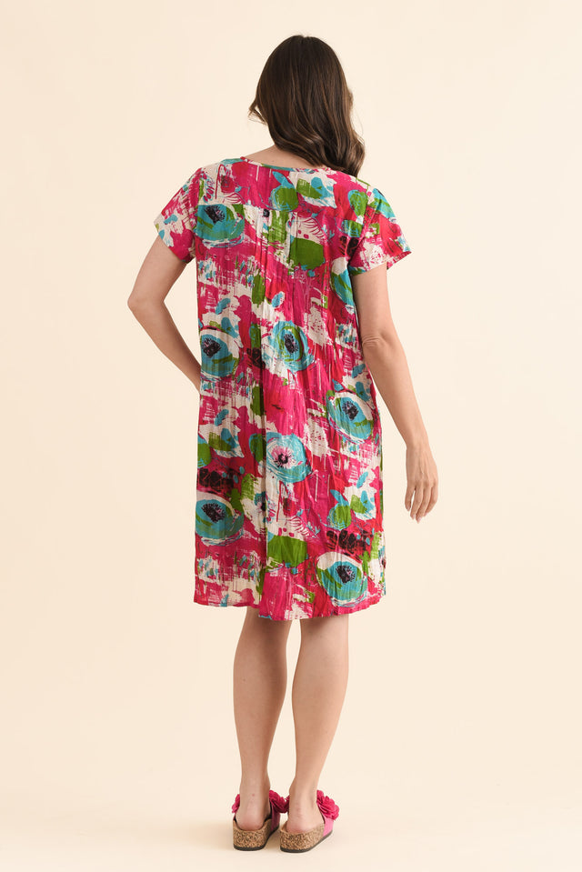 Sabina Fuchsia Flower Crinkle Cotton Dress,Back,Brunette model,alt text|model:MJ image 4