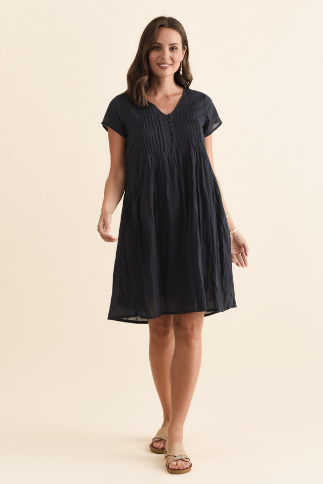 Sabina Navy Crinkle Cotton Dress,Brunette model,alt text|model:MJ image 3