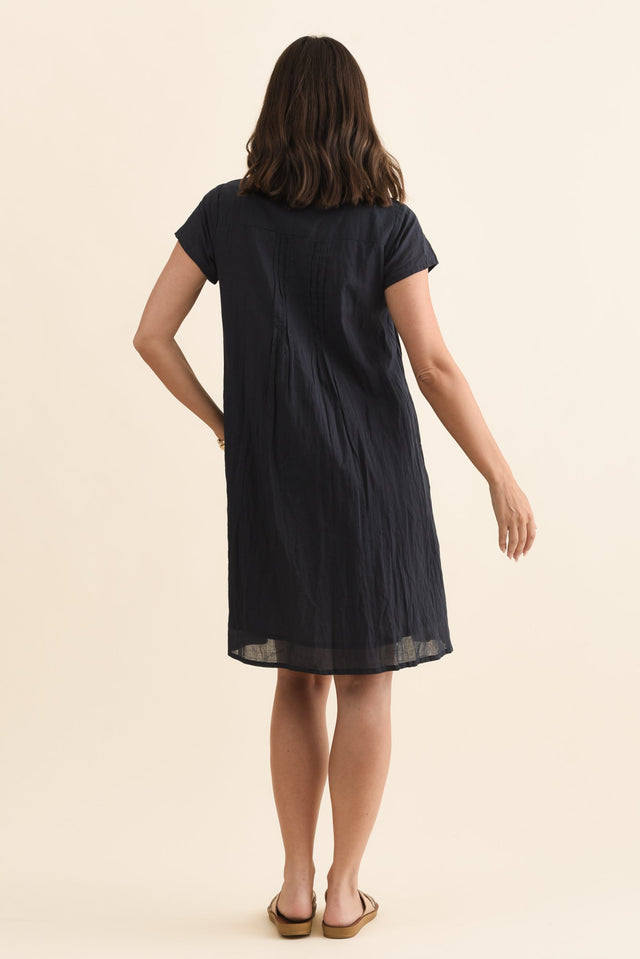 Sabina Navy Crinkle Cotton Dress,Brunette model,alt text|model:MJ image 7