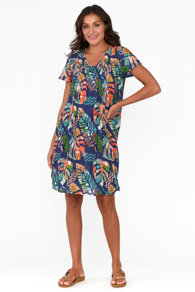 Sabina Navy Leaf Crinkle Cotton Dress